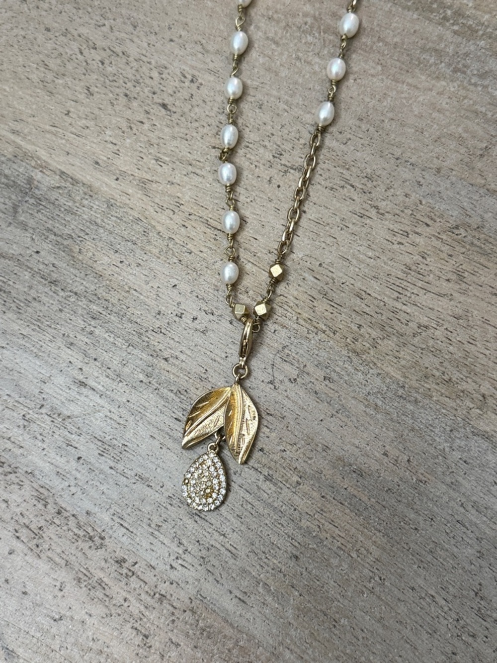 Jade & Jasper Gold Leaf and Pearl Pendant Necklace with Crystal Teardrop